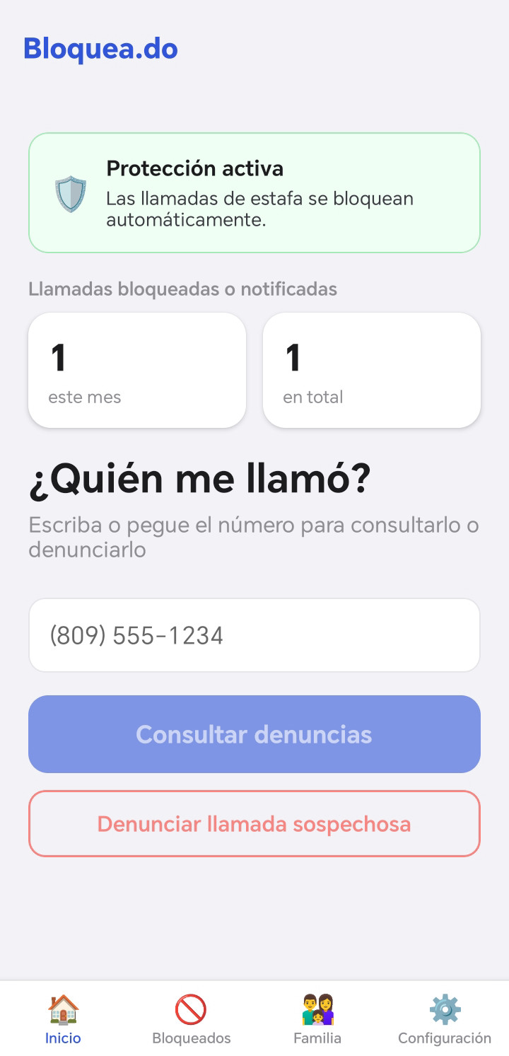 Pantalla de inicio de Bloquea.do: protección activa y el campo para consultar un número